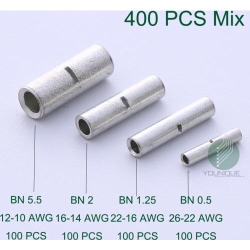 400 Pcs Mix 26-10 AWG BN0.5 BN1.25 BN2 BN5.5 Uninsulated Non Insulated Butt Connector Crimp Terminal Wire Bare
