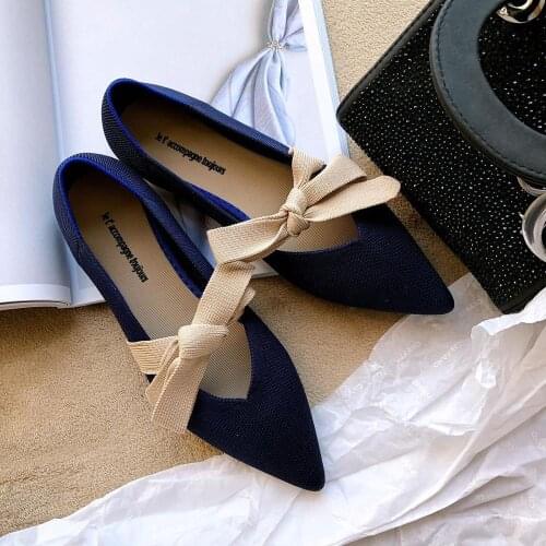 Fly weaving bowknot pointy toe ballet shoes women cozy flats pregnant shoes breath mixed color shallow knitted ballerina zapatos