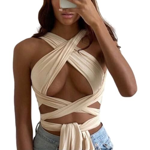 Bandage Halter Tank Top Womens Solid Color Bustier Tops Sleeveless Cross Vest Short Clothes for Summer Wear