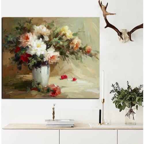 Big Size Abstract Flowers in Vase Oil Painting Print on Canvas Modern Minimalist Orchid Poster Art Wall Picture Cuadros Decor