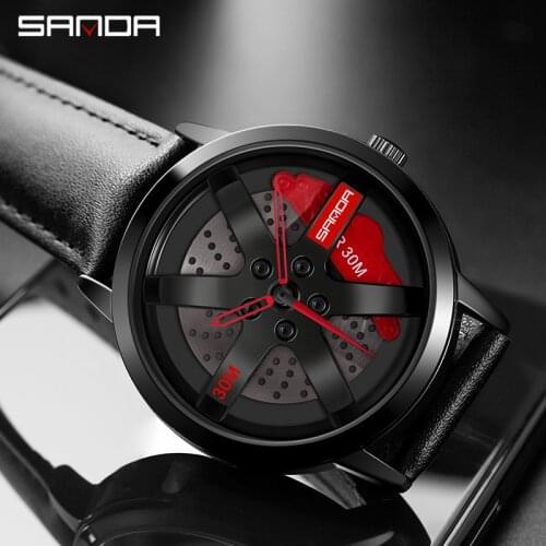 SANDA Sport Wristwatch Super Cool Car Wheel Watch 1061 Waterproof Rotating Dial Top Brand Luxury Leather Men Quratz Clock