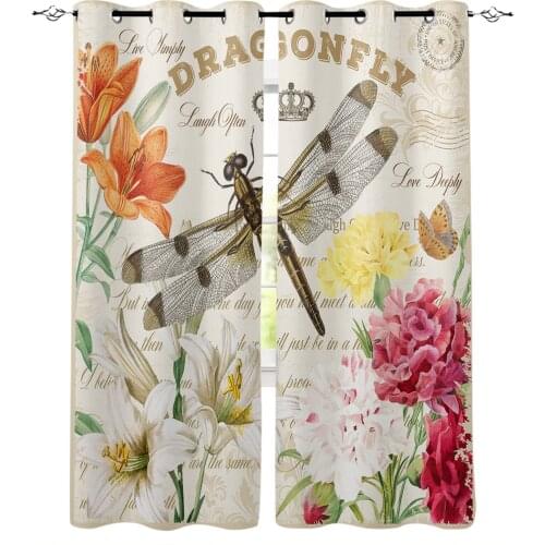 Flower Rhododendron Dragonfly Crown Vintage Letters Curtains For Living Room Bedroom Window Treatment Drapes Kitchen Curtains