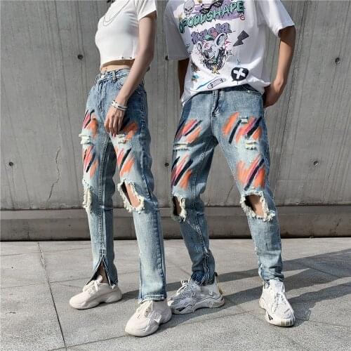 High Quality Streetwear Ripped Jeans Women Graffiti Print Jeans Men Boy Fashion Distressed Denim Straight Pants For Teenage