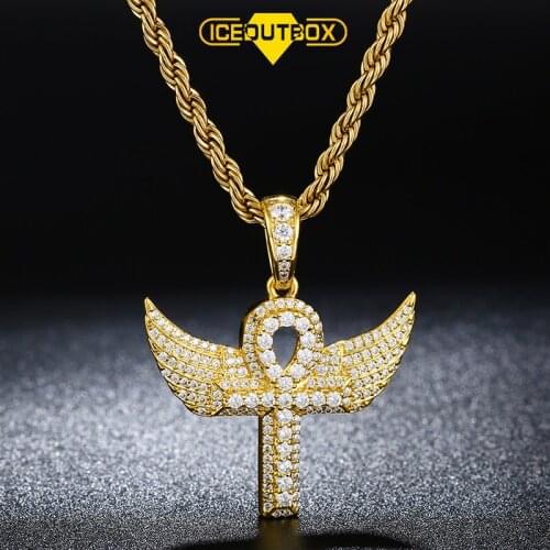 ICEOUTBOX Angel Wings Cross Pendant Necklace Micro Pave Inlaid AAA Crystal Jewelry Iced Out Hip Hop Jewelry Exquisite Valentines