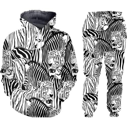 LCFA Black White Zebra 3D Print Mens Winter Jackets Suit Sports Button T-shirt Pants 2 Piece Outfits Tracksuit Men/women Set