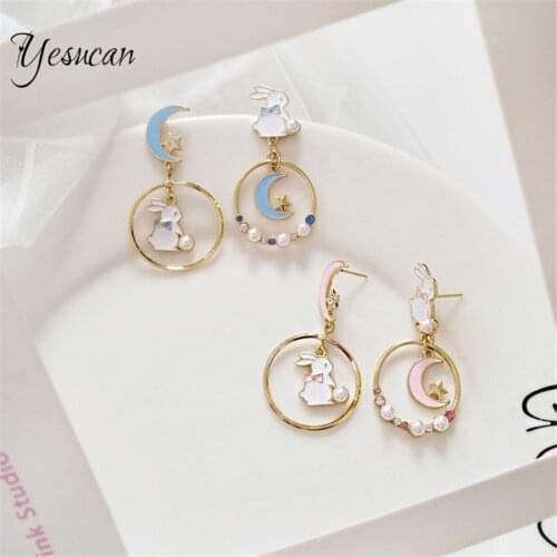 Sweet Girl Rabbit Irregular Dangle Earrigs Long Tassel Moon Star Big Circle Geometric Hanging Earring Imitation Pearls Jewelry