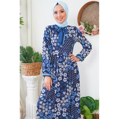 Floral Pattern Collar Scarf Chiffon Indigo Dress muslim dress women abaya kaftan modest dress abayas for women abaya turkey turk