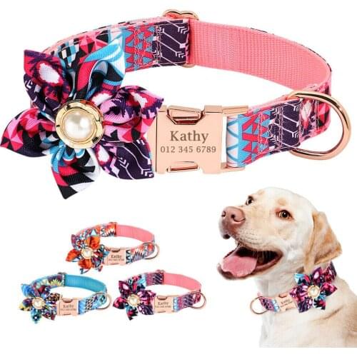 New Nylon Personalized Dog Cat Pet Collar with Rose Gold Buckle Engraved ID Tag Nameplate Adjustable Big Flower