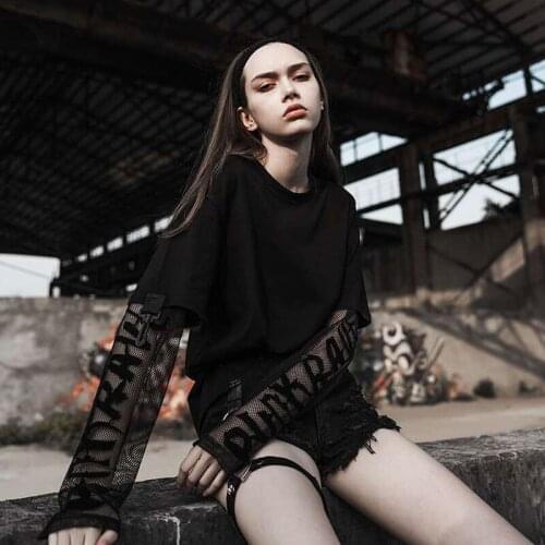 Autumn fake two-piece mesh long-sleeved loose T-shirt female Harajuku streetwear fashion vintage letter set head female T-shirt