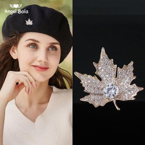 Queen Jewelry CZ Canadian Maple Leaf Brooches and Pins Silver color Tone Micro Pave CZ Victorian Style Maple Broach for Mother