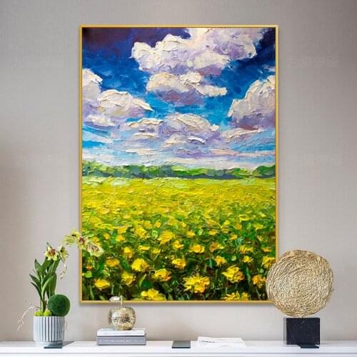 Hand Painted Wall Art Canvas Painting Landscape Picture Flowers Field Cloud Oil Painting Abstract Home Living Room Decoration