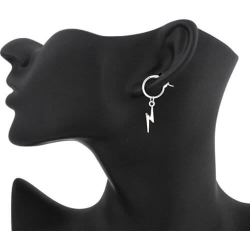 1pair Korea Personality Lightning Pendant Hoop Earrings Punk Silver Color Circle Earring For Women Men Fashion Jewelry