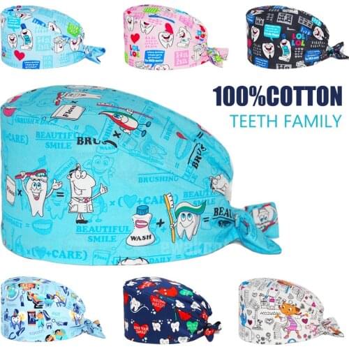 Women & Men Surgical Caps Adjustable 100% Cotton Teeth Printing Beauty Salon Nursing Hat Lab Pet Shop Working Bouffant Scrub Cap