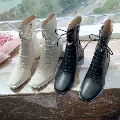 Front lace up goth boots women cutout thick high heels motorcycle botines brand square toe exotic cowboy mid-calf botas mujer