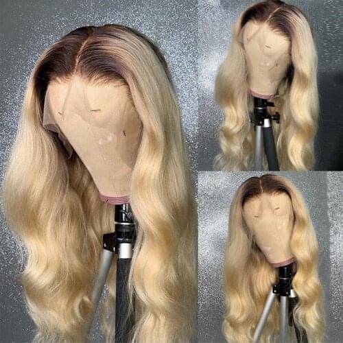 Blonde with Dark Roots Human Hair Lace Front Wig Pre Plucked 13*6 T-Part Body Wave Lace Wigs with Baby Hair 130 Density