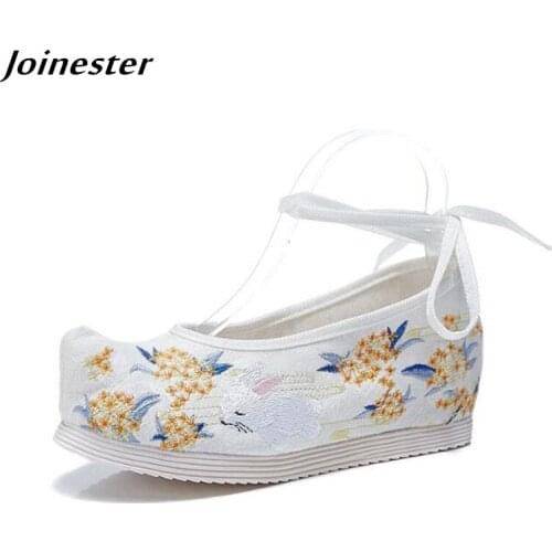 Spring Ladies Cocked Toe Cross-Tied Ethnic Cotton Fabric Wedges Pumps Women Embroidered Vintage Dress Shoes Girls Dancing Loafer