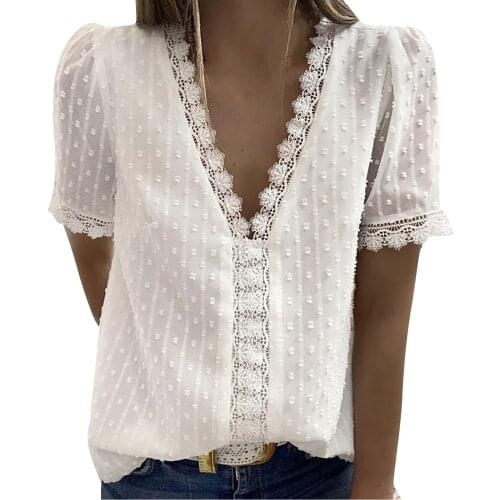 40# Women Lace Patchwork Blouses Tops Short Sleeve Casual Lace-up V-neck Solid Blouses Top Sweet Office Lady Embroidery Shirts