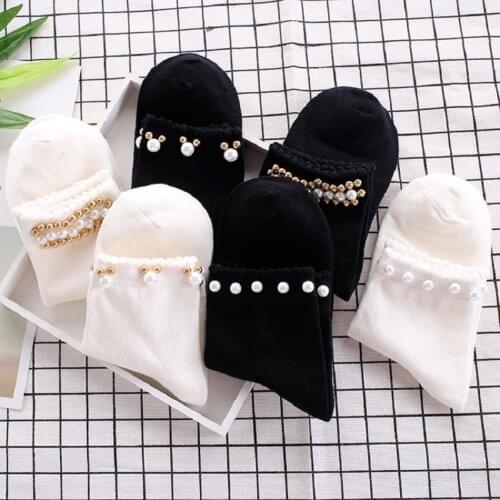 1 Pair Spring New Cotton Socks Sweet Solid Color Cute Pearl Socks Japanese Fashion Socks Lovely Princess Style Black White socks
