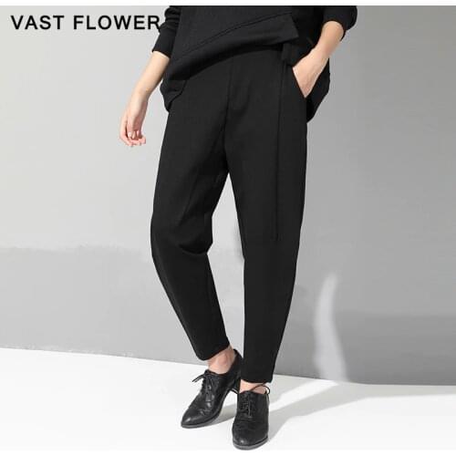 2021 Spring Autumn Black High Waist Harem Pants Women Fashion Elastic Waist Patchwork Loose Casual Ladies Trousers Streetwear