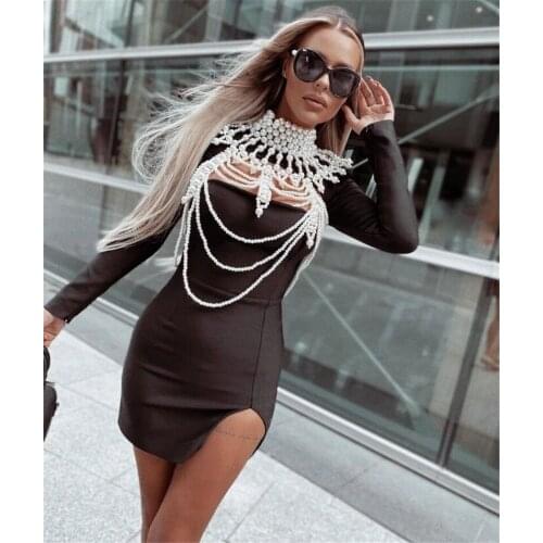 Black Bandage Dress For Women 2021 Long Sleeve New Fashion Beading Vestidos Sexy Split Bodycon Mini Dresses Celebrity Party Club