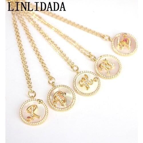 5Pcs Newest Design Fashion Gold Color Nature Shell CZ Initial Coin Pendant Necklace