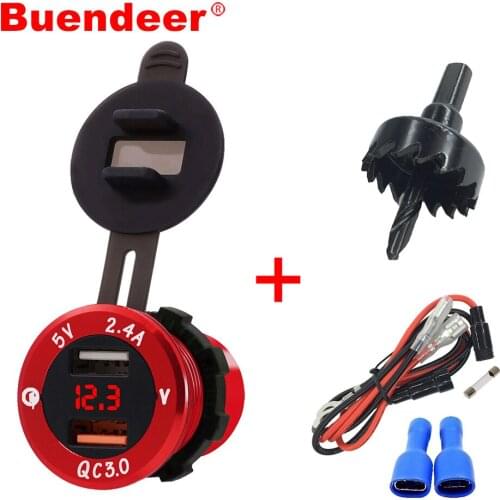 Buendeer Car Cigarette Lighter QC 3.0 Power Adapter Dual USB Charger with LED Voltmeter monitor DIY Drill and 23.6 Inch Cable