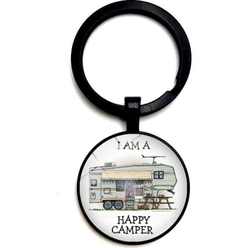 I Am A Happy Camper Vintage Camper Car Key Ring Glass Cabochon Car Key Pendant Male and Female Keychain Gift Jewelry