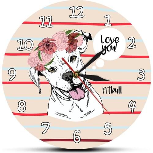 Girl Room Pitbull Dog Wearing Flower Wreath Cartoon Wall Clock Pit Bull Portrait Wall Art Dog Lover Home Decor Pitbull Mom Gift