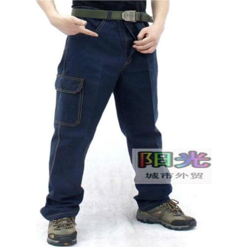 28-43 Multi-pocket Jeans Men Casual Labor Work Denim Pants Straight Overalls Wear-resistant Loose Large Size Spring And Autumn