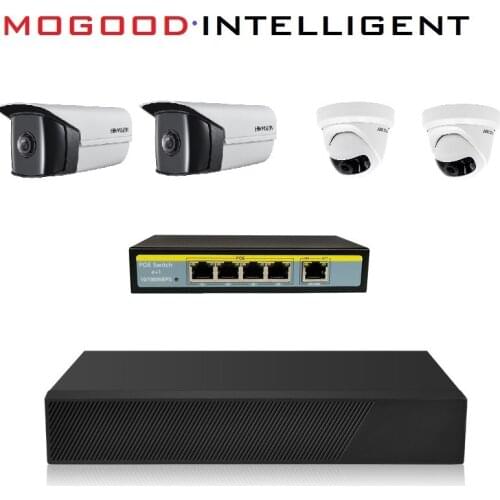 Hikvision Wide-Angle Camera DS-2CD3345P1-I or DS-2CD3T45DP1-I and PoE Switch and MoGood Multi-language NVR and HDD CCTV Kits