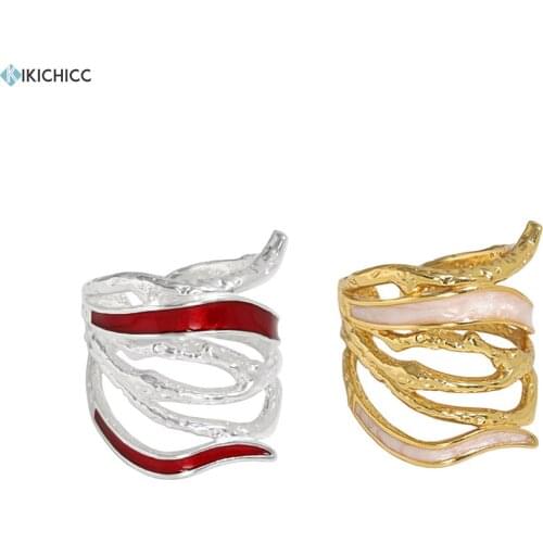 KIKICHICC 100% 925 Sterling Silver Women White Red Ename Irregular Resizable Ring Adjustable Geometric Women Fine Jewelry Gift