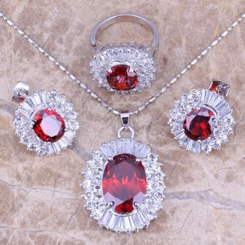 Red Garnet White CZ Silver Plated Jewelry Sets Earrings Pendant Ring Size 6 / 7 / 8 / 9 / 10 S0035