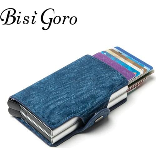 BISI GORO RFID Blocking Card Holder Anti-theft Double Boxes High Quality Card Wallet Denim Fashion Pop-up Metal ID Case Carteira