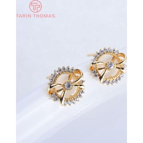 4PCS 12x10MM 24K Gold Color Brass with Zircon surround Bow Stud Earrings High Quality Diy Jewelry Findings Accessories
