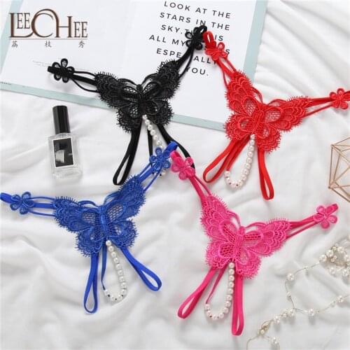 Leechee Sexy Panties Female Lace Embroidered Butterfly Thong G String T Pants Transparent Crotchless Sexy Pearl Shorts Lingerie