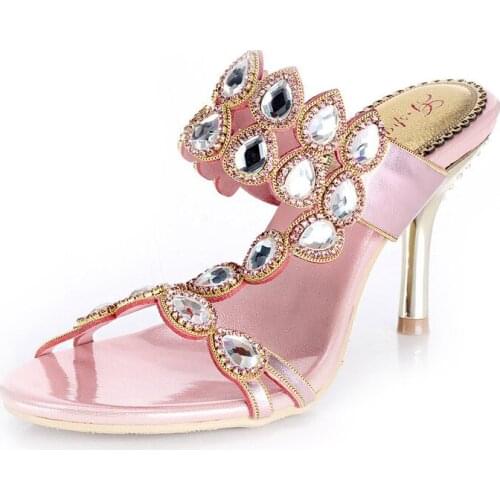 Pink Summer Shoes Women Diamond Stiletto Heel Slippers Korean Open Toe High-heeled Sandals High Quality