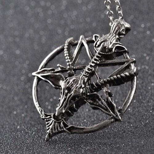 Fashion Retro Pentagram Pan God Skull Goat Head Pendant Necklace Luck Satanism Occult Metal Vintage Silver Plated Star Necklace