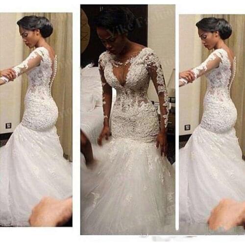 New Lace Mermaid Wedding Dresses Sheer Neck Long Sleeves Tulle Wedding Dress Sweep Train South African Cheap Bridal Gown