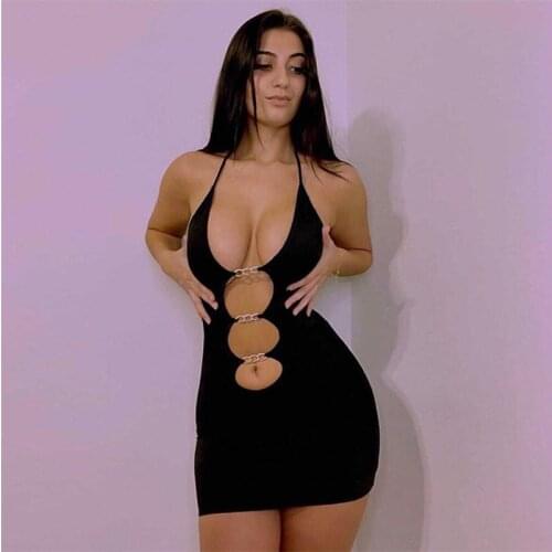 WJFZQM Spaghetti Strap Bodycon Black Mini Dress Women Hollow Out Sexy V Neck Backless Night Club Cut Out Casual Party Dress 2021