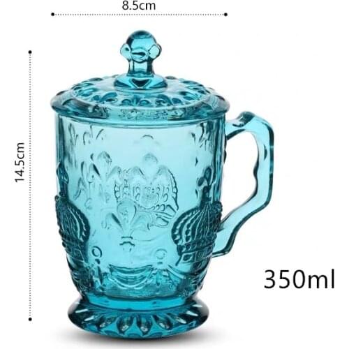 Glass crystal mug with lid European retro embossed flower color thickened 350ml office drink milk tea drink juice cup