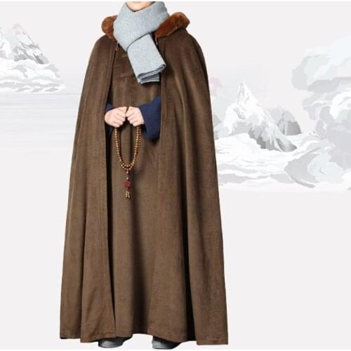 Unisex winter zen suits Buddhist shaolin monk cape warm robe meditation cloak monks kung fu uniform coat gray/blue/red/brown