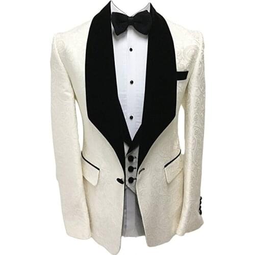 Custom Made Ivory Jacquard Groomsmen Groom Tuxedos Shawl Velvet Lapel Men Suits Wedding Best Man Blazer 3 Pieces Costume Homme