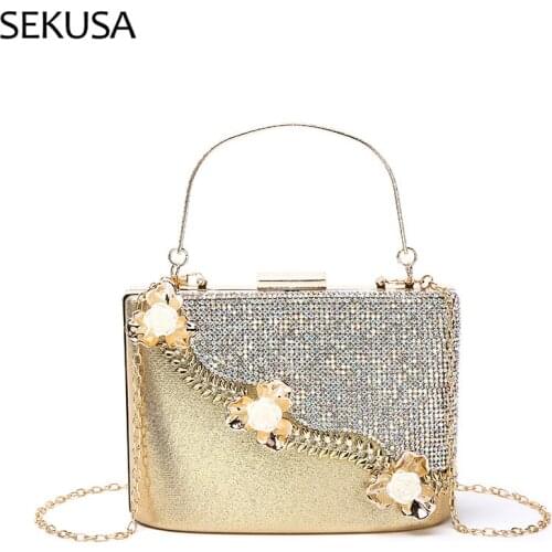 Flower Shell Diamonds Women Evening Bags Bucket Design Chain Shoulder Wedding Day Clutch Pearl Handbags