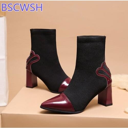 Womens Thick Heel Sock Boots Thin 2020 Spring And Autumn New Pointed Toe Ankle Boots All-match High-heeled Stretch Boots