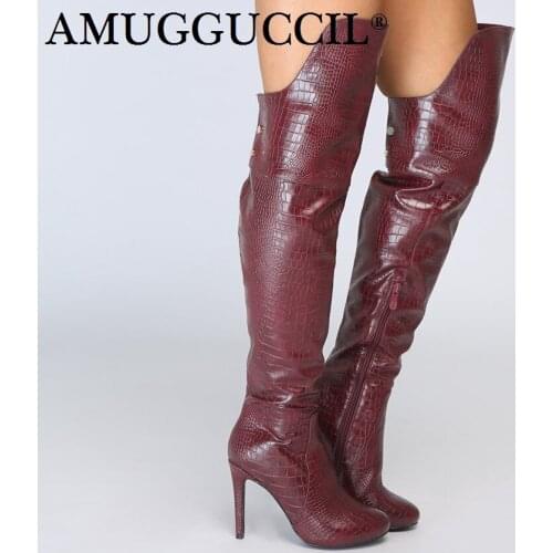 2020 New Plus Big Size 35-43 Wine red Zip Knee High Heel Autumn Winter Girl Ladies Females Women Boots X1755