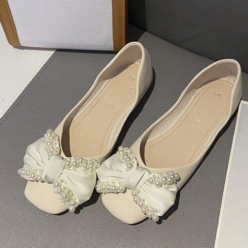 Women Flats 2021 New Pearls Slip on Shoes Silk Bowtie Ballet Flats Sweet Shallow Single Shoes Woman Loafers White Wedding 9321G