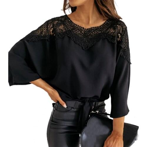 Lady Top 2021 Good Workmanship Crochet Solid Color Round Neck Lace Stitching Hollow Fall Shirt for Work