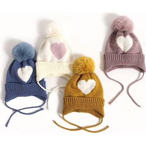 Winter Kids Beanies Cap Protection Ear Big Ball Baby Jumper Hat Love Heart Keep Warm Children Knitted Caps Unisex Woolen Bonnets
