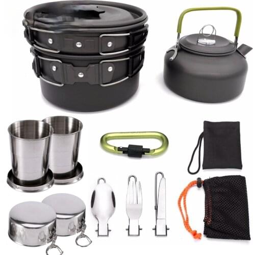 1 Set Of Aluminum Alloy Round Picnic Cookware, A Set Of Non-Stick Tableware With Folding Spoon, Fork, Knife, Kettle, Cup