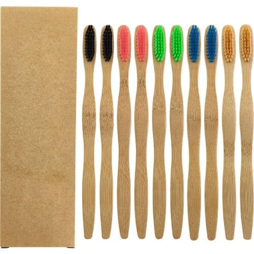 10 PCS Colorful Bristles Head Bamboo Toothbrush Wholesale Environment Wooden Rainbow Bamboo Toothbrush Oral Care Soft Bristle